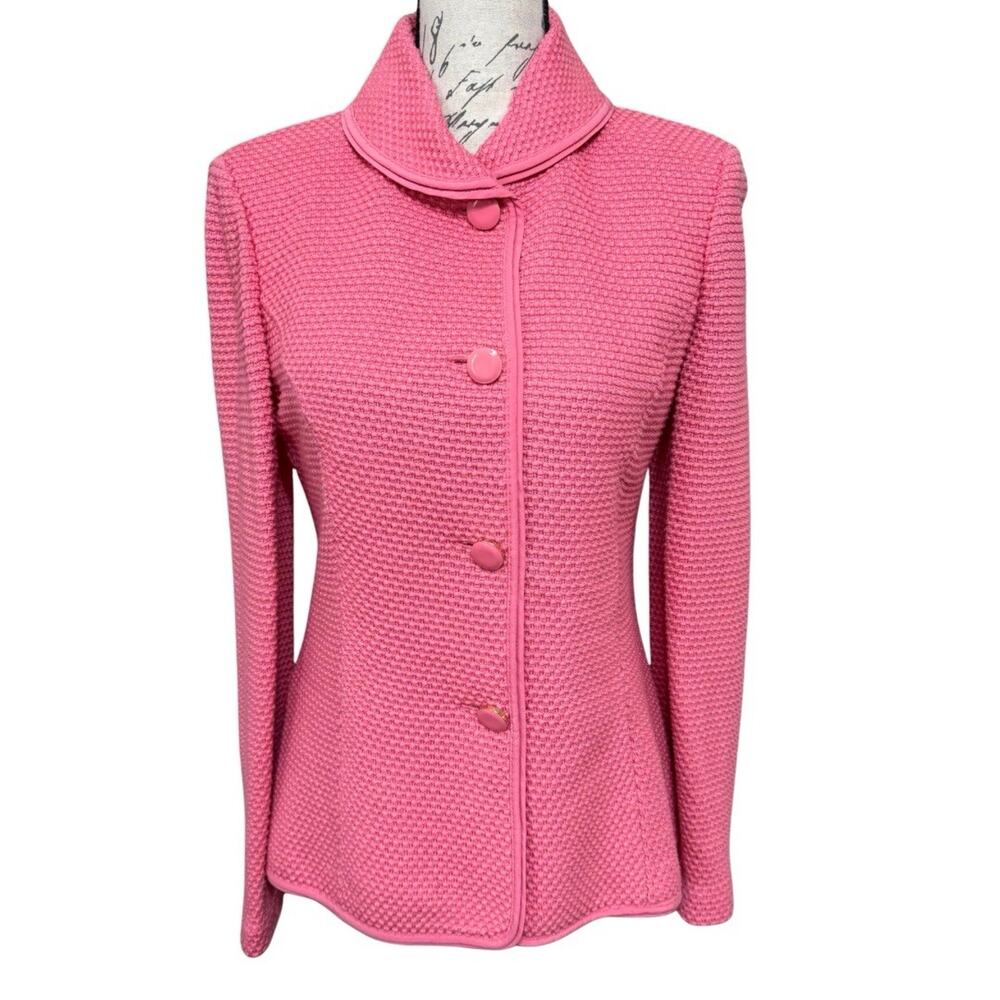 St John TEXTURED KNIT Blazer Size 6 BUBBLE GUM PINK Wool Silk Blend Round Collar